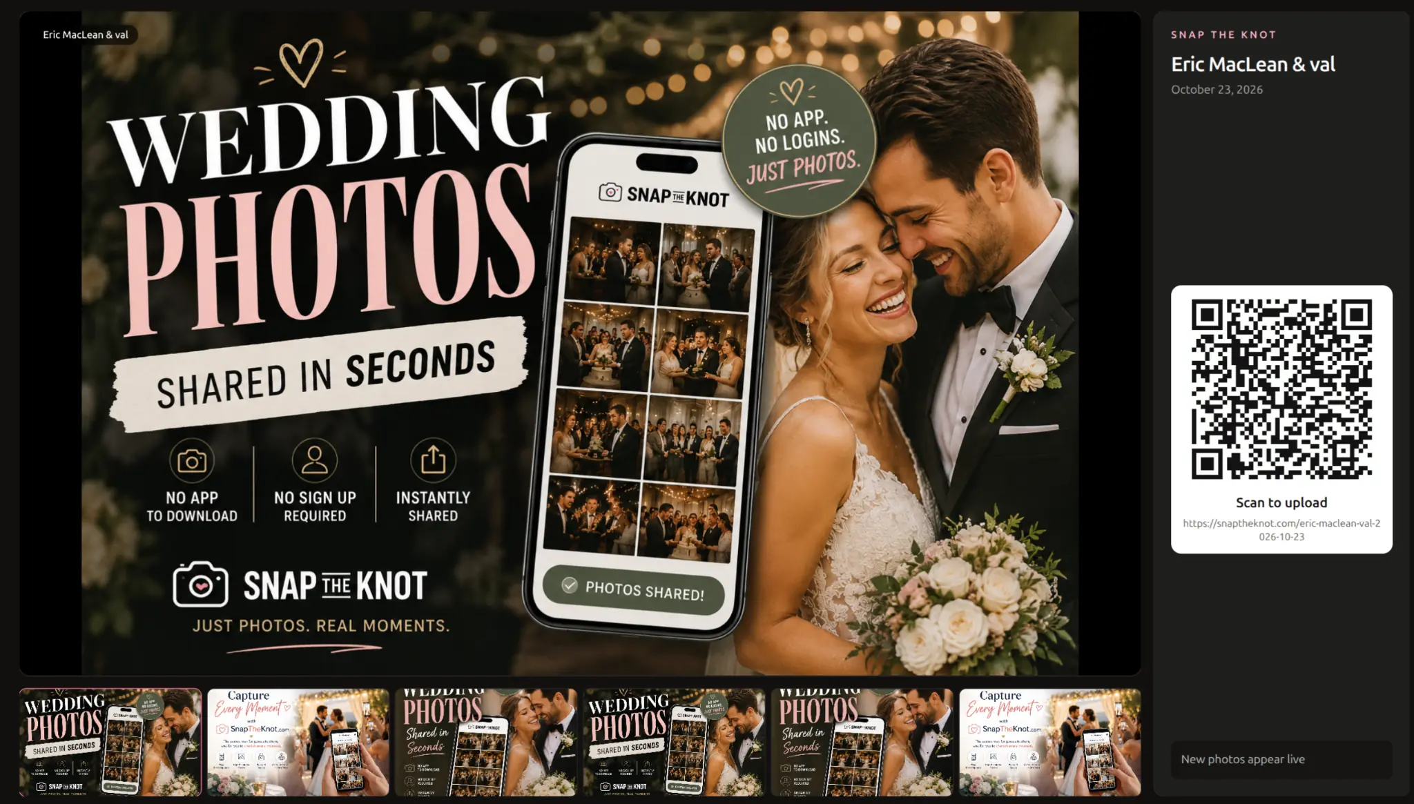 Snap the Knot QR poster preview for wedding guest photo uploads