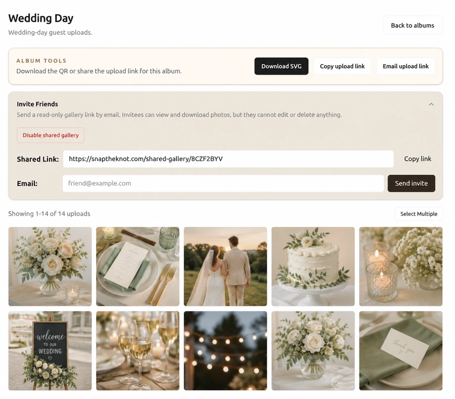 A couple enjoying their private Snap the Knot wedding gallery